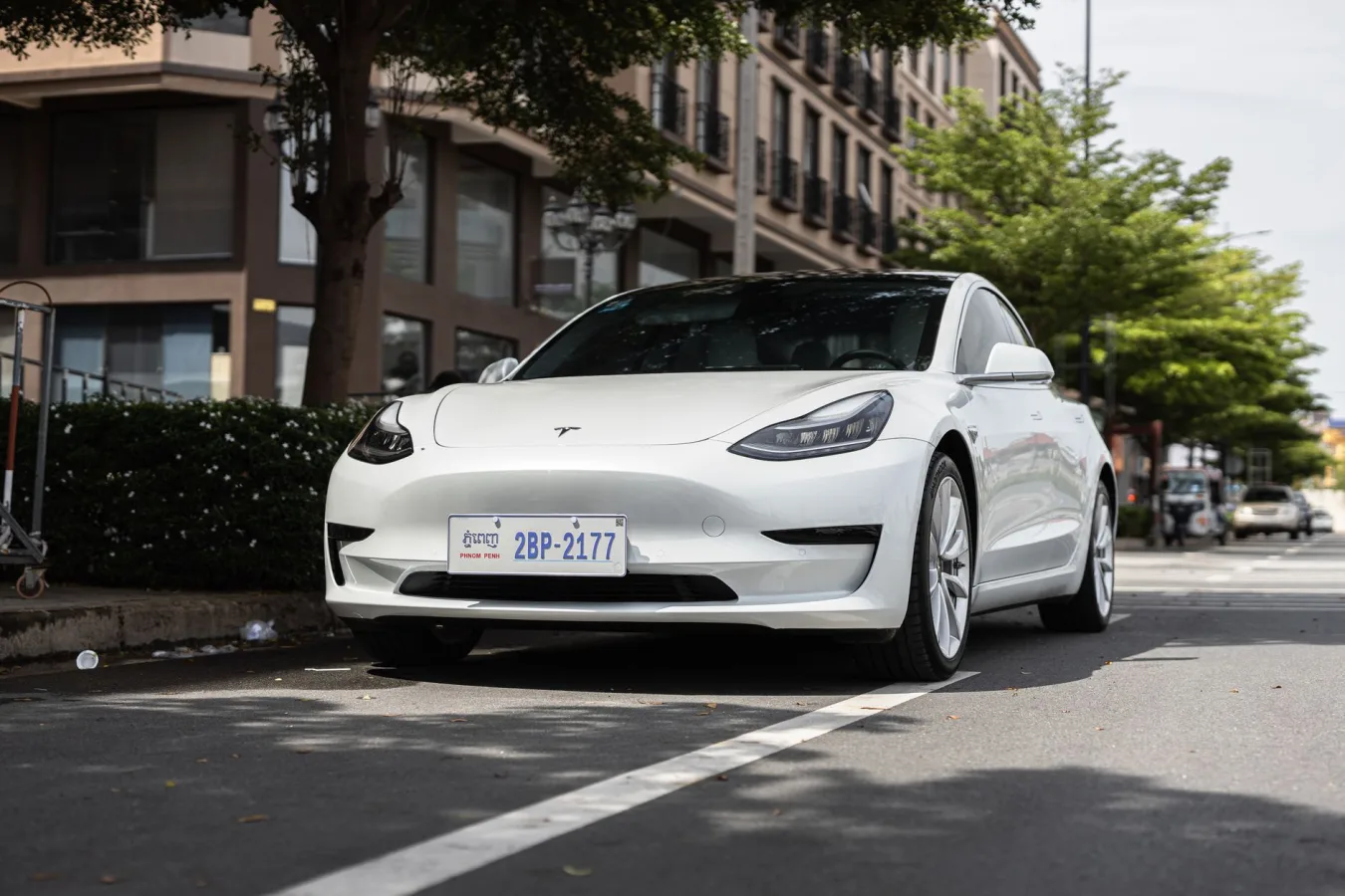 A sleek white Tesla Model 3 parked on a city street under trees, showcasing modern automot
