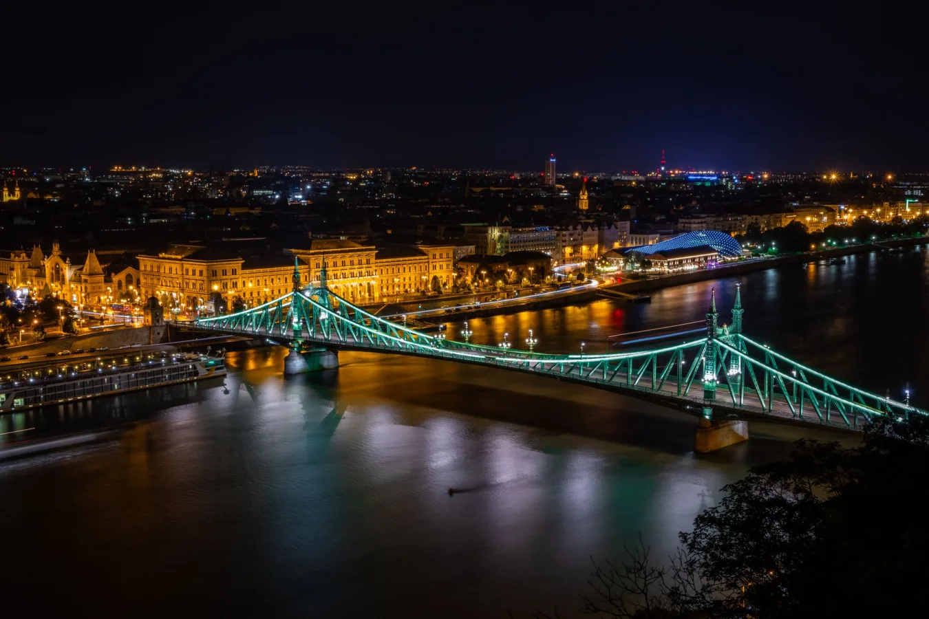 Freedom Bridge in Budapest beautifully lit across the Danube River at night, showcasing th