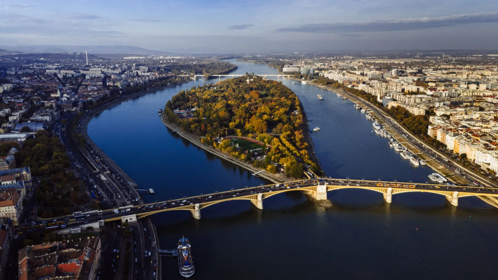Scenic aerial view of Margaret Island and the Danube River in Budapest, Hungary, during au